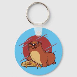 Cute Baby Otter Eating Yummy Pizza Design Keychain