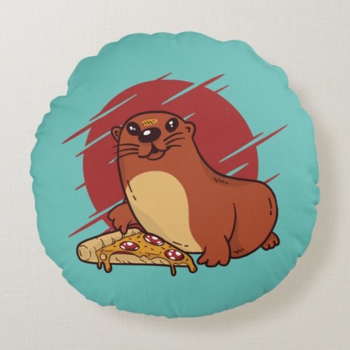 Cute Baby Otter Eating Yummy Pizza Design Round Pillow