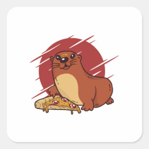 Cute Baby Otter Eating Yummy Pizza Design Square Sticker
