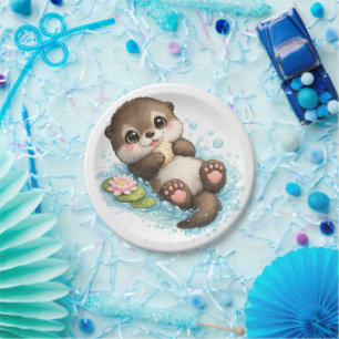 Cute Baby Otter Floating Birthday Party Paper Plates