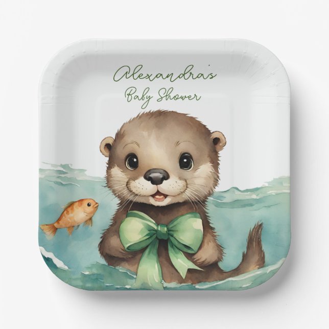 Cute Baby Otter Gender Neutral Baby Shower Paper Plates (Front)