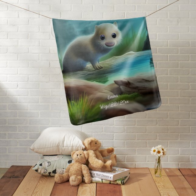 Cute baby otter in pond - personalizable  baby blanket (In Situ)