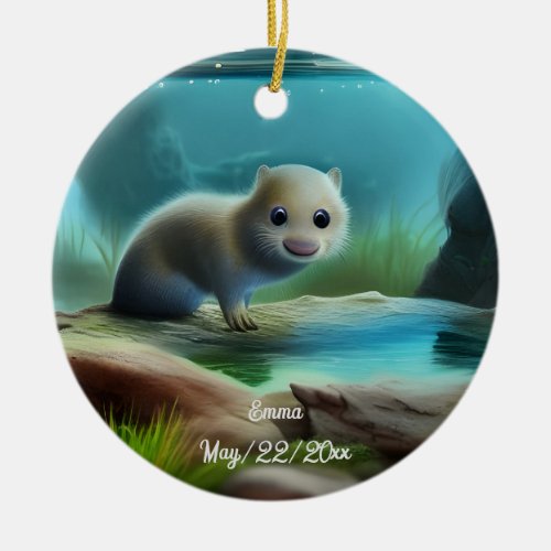 Cute baby otter in pond _ personalizable  ceramic ornament