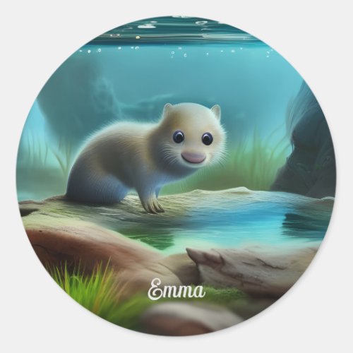 Cute baby otter in pond _ personalizable    classic round sticker