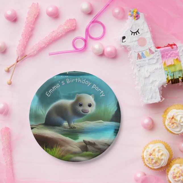 Cute baby otter in pond - personalizable     paper plates (Party)
