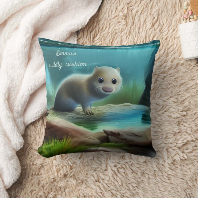 Cute baby otter in pond throw pillow (Blanket)