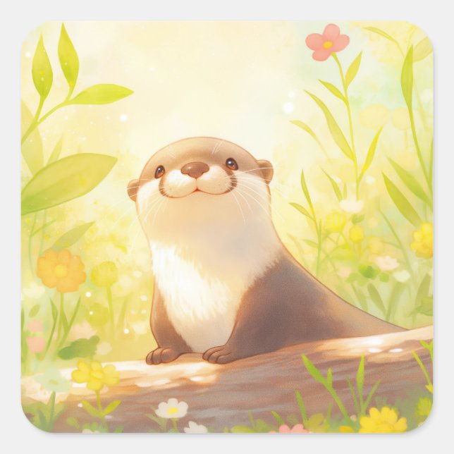 Cute Baby Otter Peeking Over Log with Florals Square Sticker (Front)