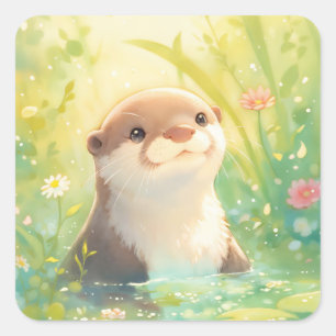 Cute Baby Otter Smiling in Sparkling Pond Square Sticker