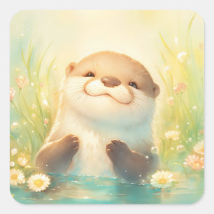 Cute Baby Otter Smiling in Sunlit Pond Square Sticker