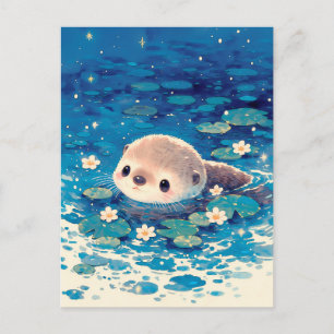 Cute Baby Otter Swimming in Starry Night Pond Postcard