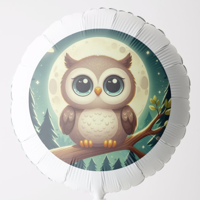 Cute baby owl at night with moon balloon (Front)