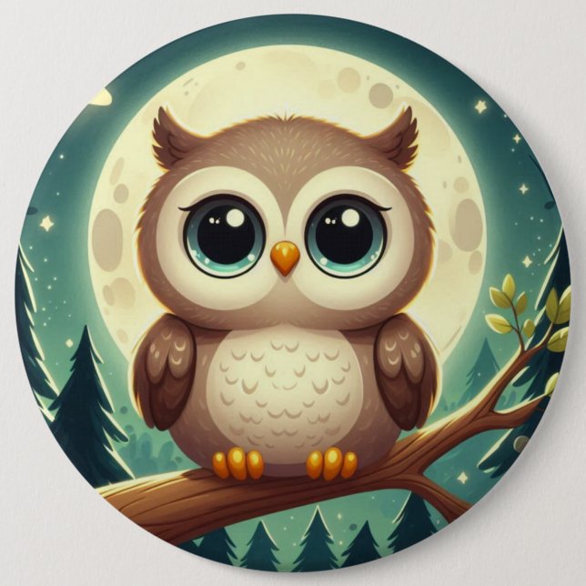 Cute baby owl at night with moon button (Front)