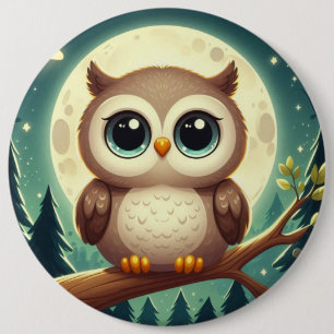 Cute baby owl at night with moon button