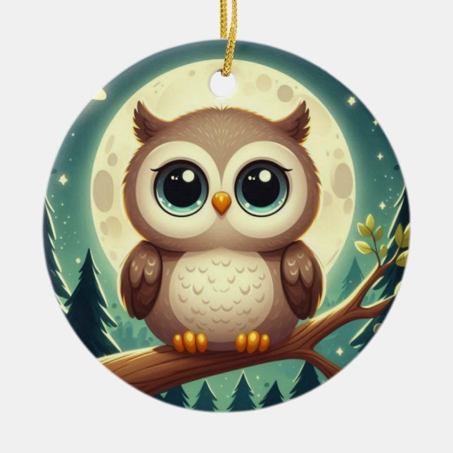 Cute baby owl at night with moon ceramic ornament (Front)