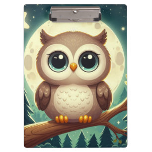 Cute baby owl at night with moon clipboard