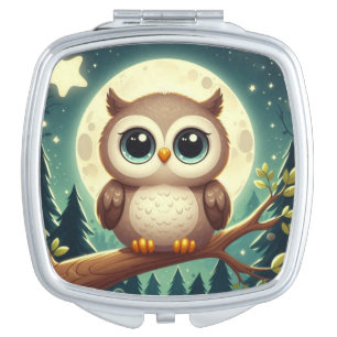 Cute baby owl at night with moon compact mirror