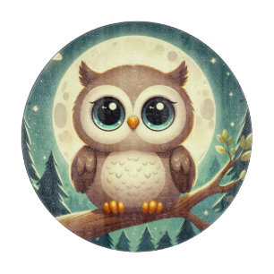 Cute baby owl at night with moon cutting board