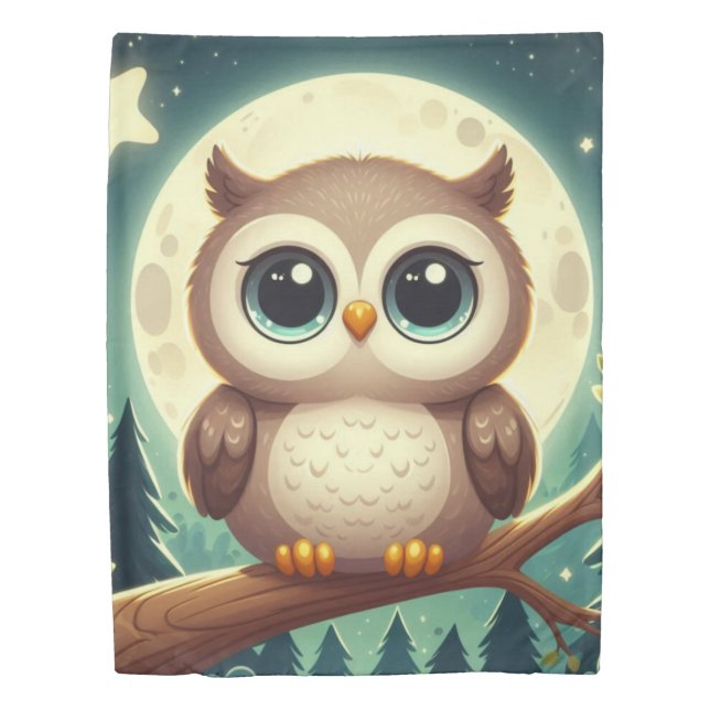 Cute baby owl at night with moon duvet cover (Front)