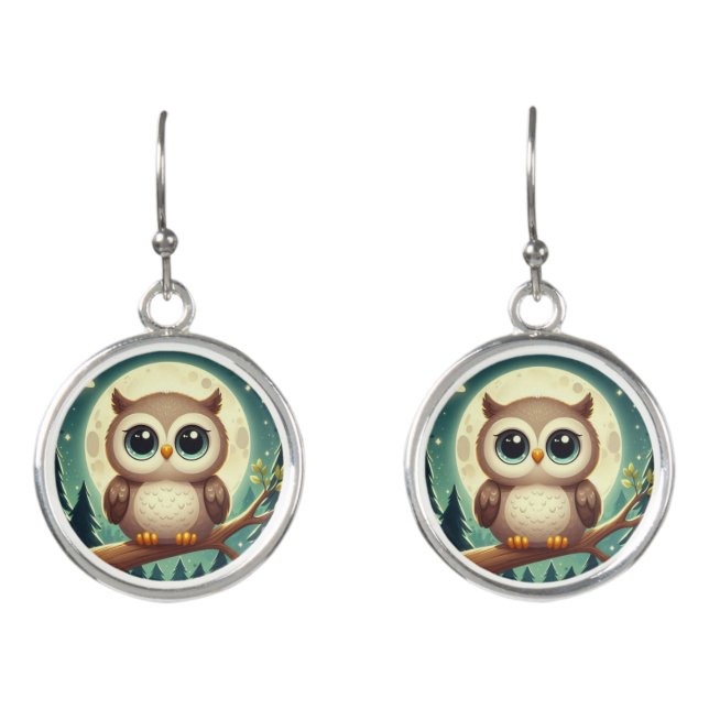 Cute baby owl at night with moon earrings (Front)