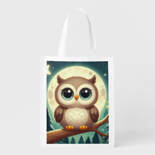 Cute baby owl at night with moon grocery bag