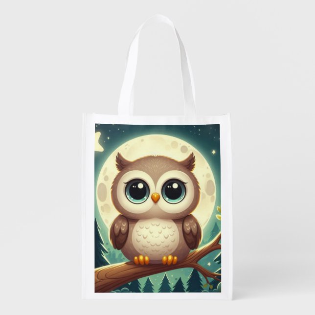 Cute baby owl at night with moon grocery bag (Front)