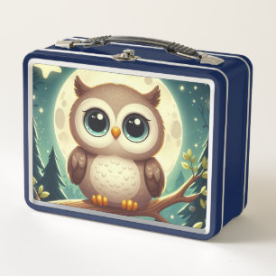 Cute baby owl at night with moon metal lunch box