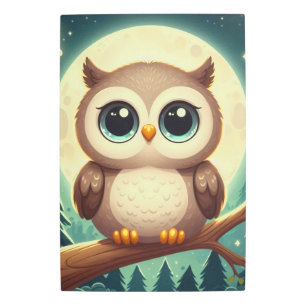 Cute baby owl at night with moon metal print
