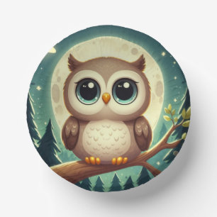 Cute baby owl at night with moon paper bowls