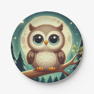 Cute baby owl at night with moon paper plates