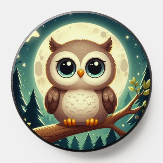 Cute baby owl at night with moon PopSocket (Popsocket)