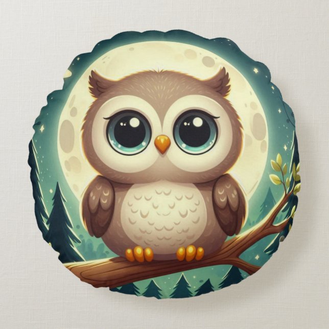 Cute baby owl at night with moon round pillow (Front)