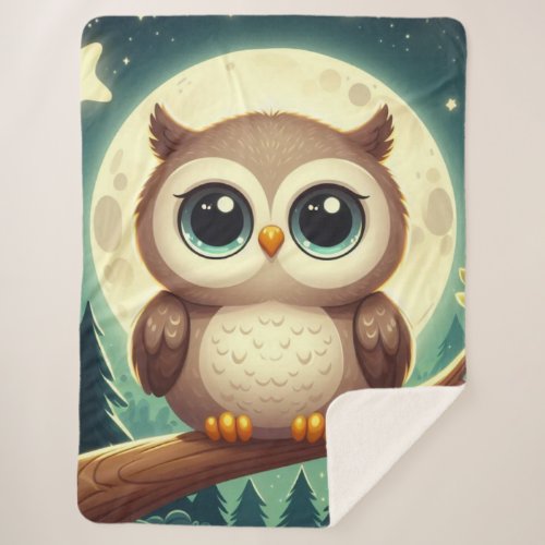 Cute baby owl at night with moon sherpa blanket