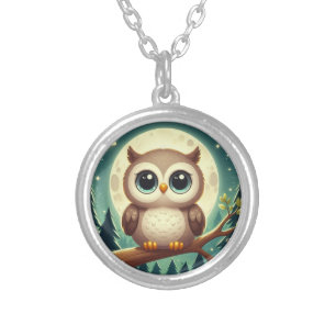 Cute baby owl at night with moon silver plated necklace
