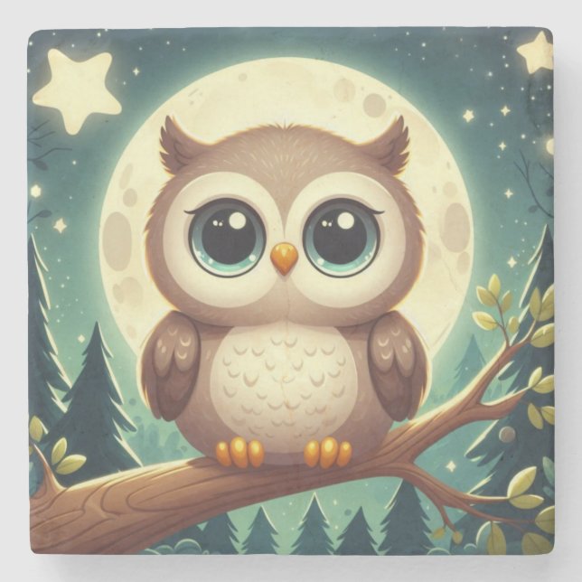 Cute baby owl at night with moon stone coaster (Front)