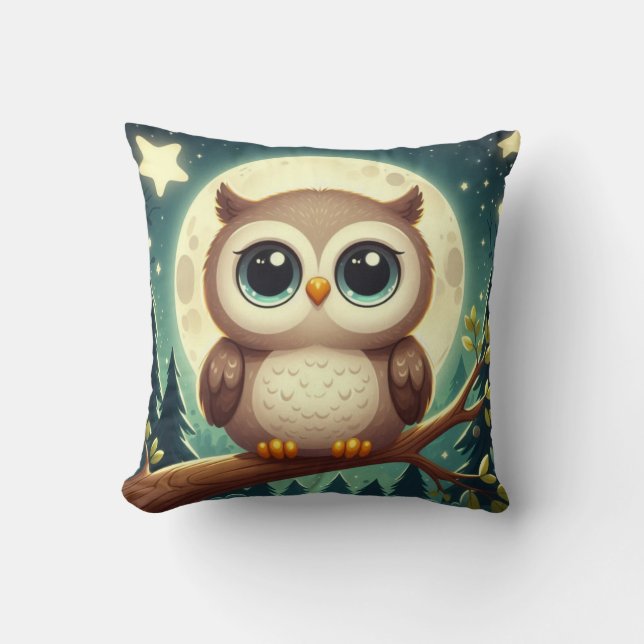 Cute baby owl at night with moon throw pillow (Front)