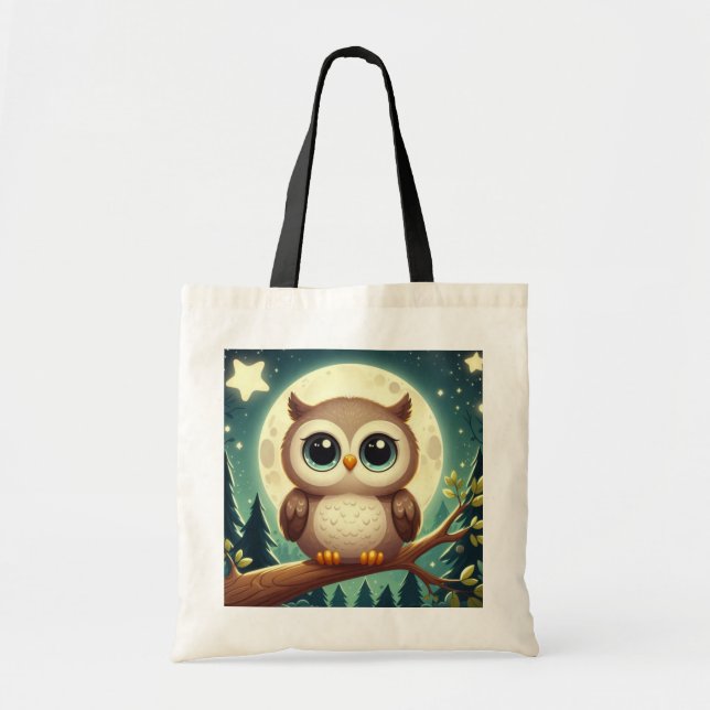 Cute baby owl at night with moon tote bag (Front)