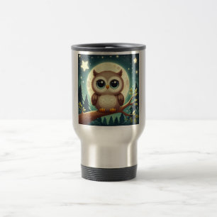Cute baby owl at night with moon travel mug