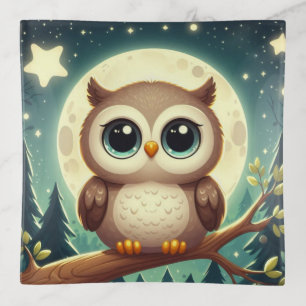 Cute baby owl at night with moon trinket tray