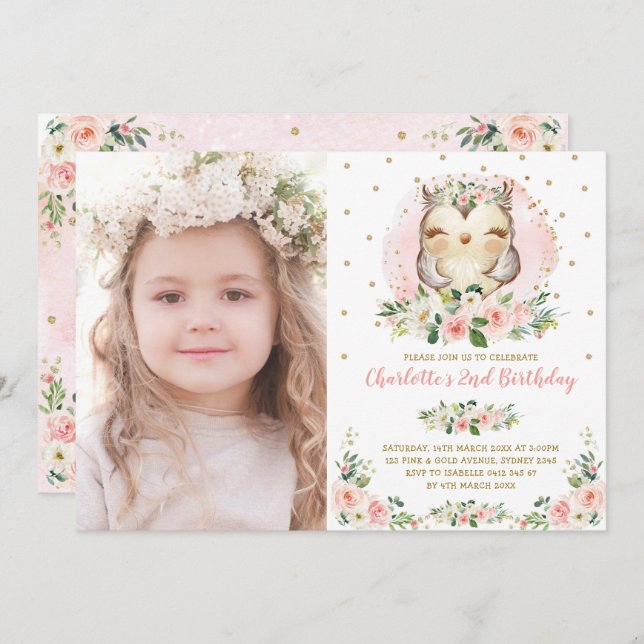 Cute Baby Owl Blush Pink Gold Flowers Birthday Invitation (Front/Back)