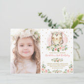Cute Baby Owl Blush Pink Gold Flowers Birthday Invitation (Standing Front)