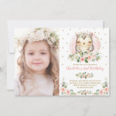 Cute Baby Owl Blush Pink Gold Flowers Birthday Invitation (Front)