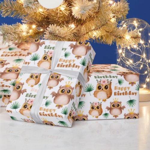 Cute Baby Owl Happy Birthday Wrapping Paper