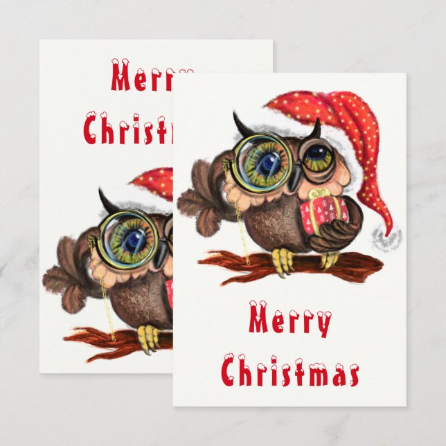 Cute Baby Owl In Christmas Hat and Gift - Cartoon  (Front/Back)