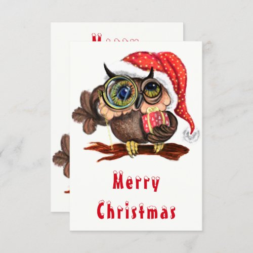 Cute Baby Owl In Christmas Hat and Gift _ Cartoon 