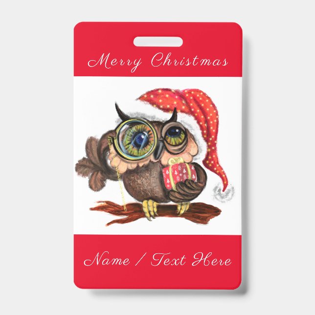 Cute Baby Owl In Christmas Hat and Gift - Cartoon  Badge (Front)
