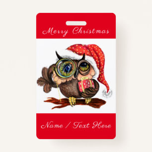 Cute Baby Owl In Christmas Hat and Gift - Cartoon  Badge