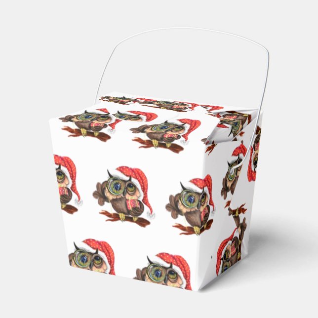 Cute Baby Owl In Christmas Hat and Gift - Cartoon  Favor Boxes (Front Side)