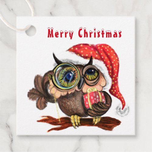 Cute Baby Owl In Christmas Hat and Gift _ Cartoon  Favor Tags