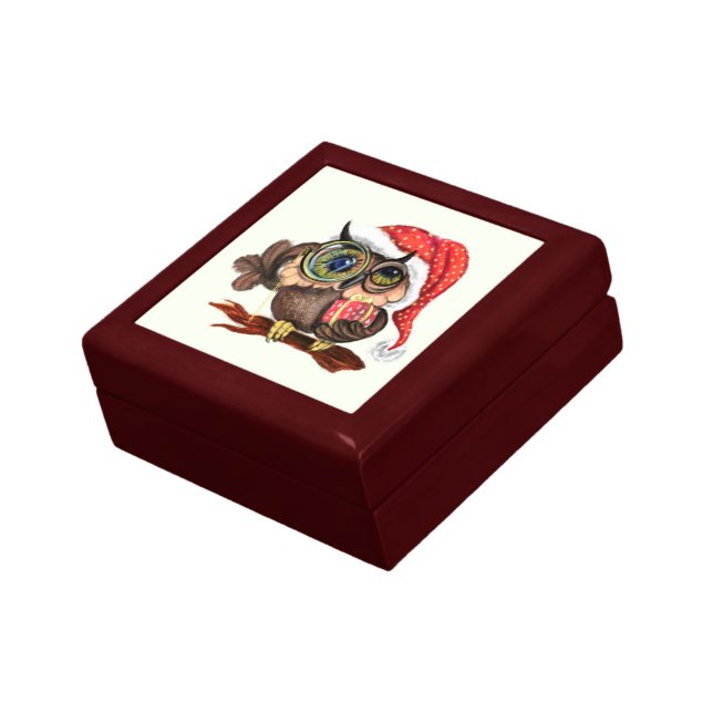 Cute Baby Owl In Christmas Hat and Gift - Cartoon  Gift Box (Side)