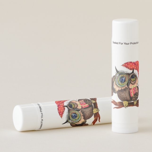 Cute Baby Owl In Christmas Hat and Gift - Cartoon  Lip Balm (Front)